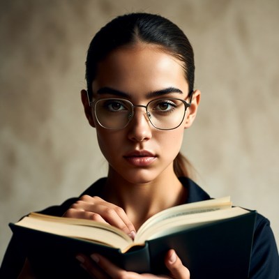 Young woman reading book in glasses