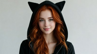 Redhead woman in black cat ear hoodie