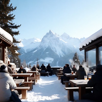 People dining at snowy mountain chalet