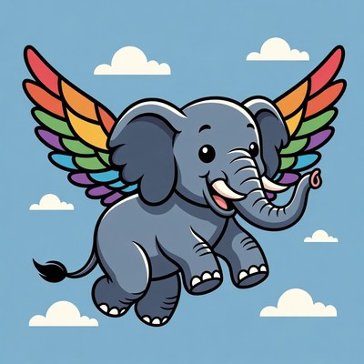 Cartoon elephant with rainbow wings flying