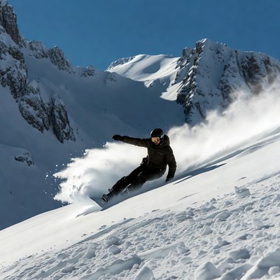 Man snowboarding down snowy mountains