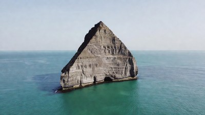 Triangular Rock Formation in Turquoise Sea