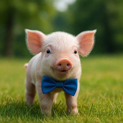 Baby pig wearing blue bowtie in grass
