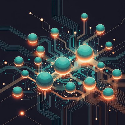 Glowing Cyan Spheres on Circuit Network