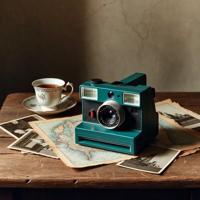 Vintage Polaroid camera on old map