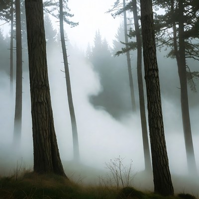 Misty Pine Forest with Tall Trees