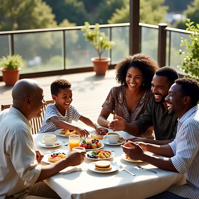 African-American family eating breakfast on deck