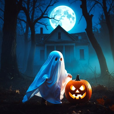 Ghost child with pumpkin in haunted forest