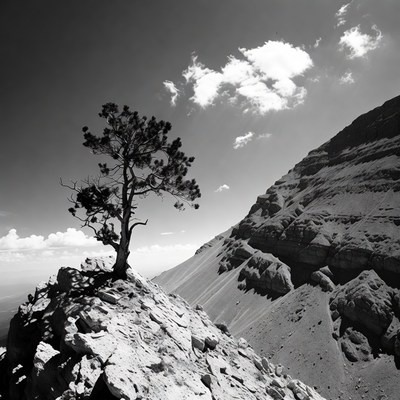 Lone pine tree on mountain cliff