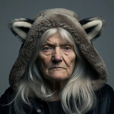 Elderly woman wearing raccoon hood