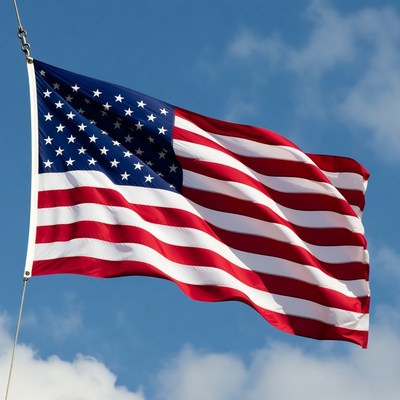 American flag waving against blue sky