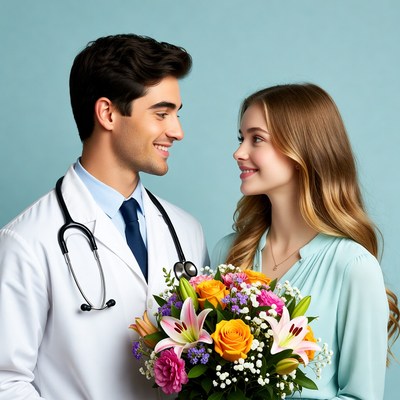 Doctor giving flowers to woman