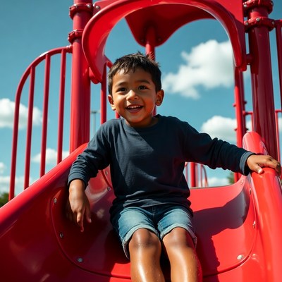 Boy sliding down red playground slide