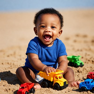 African-American baby playing with toy trucks on beach