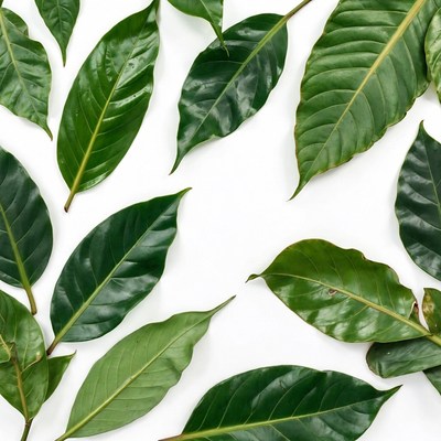 Green leaves scattered on white background