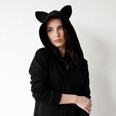 Woman in black cat ear hoodie