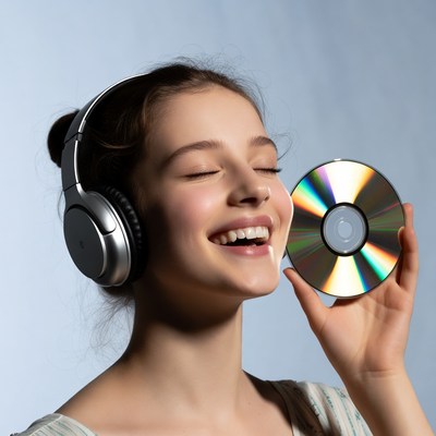 Smiling girl with headphones holding CD
