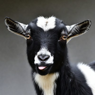 Black and white goat sticking tongue out