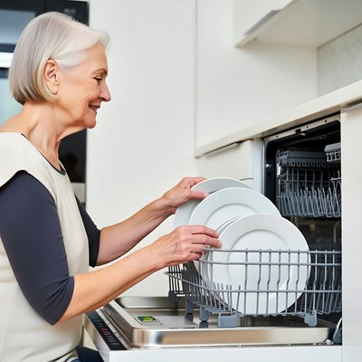 Elderly woman unloading dishwasher