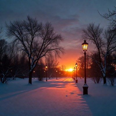 Snowy Path with Street Lamps at Sunset