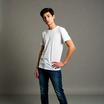 Teen boy posing in white t-shirt