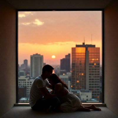 Silhouette couple embracing at sunset window