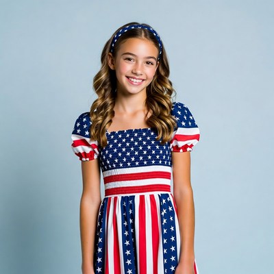 Girl in American flag dress smiling