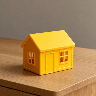 Yellow toy house on wooden table