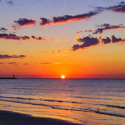 Sunset over beach with lighthouse