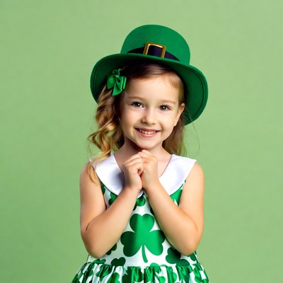 Girl in green shamrock dress and leprechaun hat
