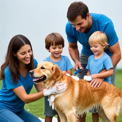Family washing golden retriever dog