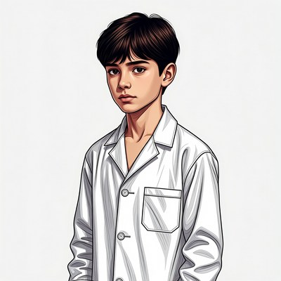 Asian boy in white lab coat