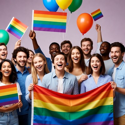 Diverse group holding rainbow pride flags