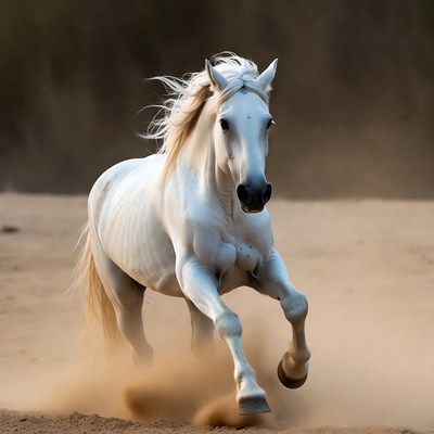 White horse galloping on beach