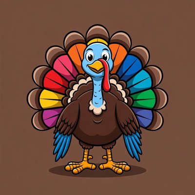 Cartoon Turkey with Rainbow Feathers