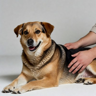 Man petting German Shepherd dog
