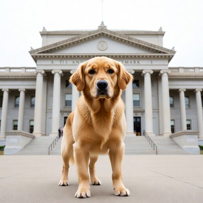 Golden Retriever in front of capitol building