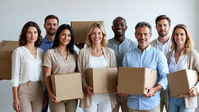 Diverse team holding cardboard boxes