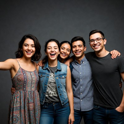 Group of five young Latinos smiling together
