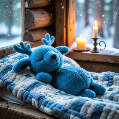 Blue Plush Reindeer Sleeping on Bed