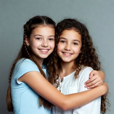 Two smiling girls hugging