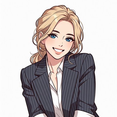 Blonde woman in pinstripe suit smiling
