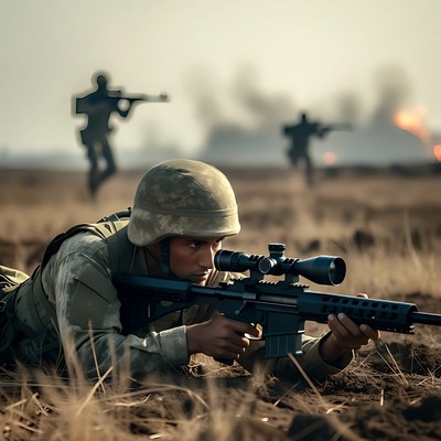 Soldier aiming sniper rifle in combat