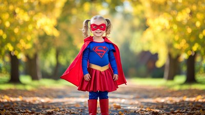 Girl in Superman costume autumn path