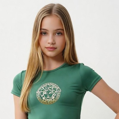 Teen girl in Versace green t-shirt