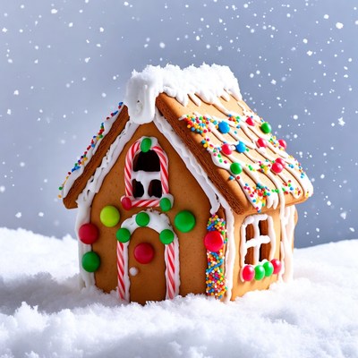 Gingerbread house covered in snow