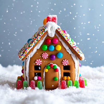 Gingerbread house in snow