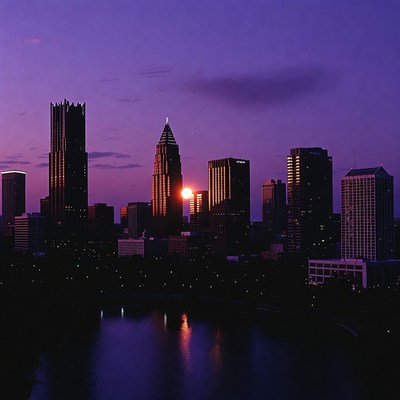 Atlanta skyline sunset over lake