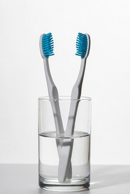 Two blue toothbrushes in glass