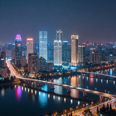 Vibrant Night Skyline Over River Bridge